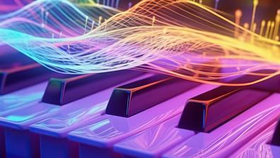 musical notes in sound waves with neon colors on a piano musical instrument