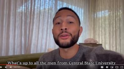 a screenshot from a video of John Legend announcing he will join central state university's 100 men in suits event virtually