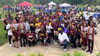 A large group of students, alumni, faculty, and staff from Central State University at Island MetroPark in Dayton, Ohio, for the African American Wellness Walk presented by Premier Health