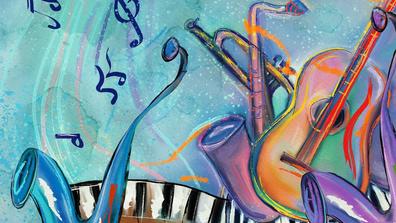 drawing of jazz instruments including saxophone, guitar, and piano