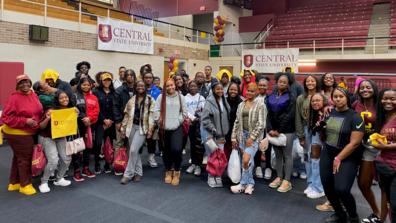 A large group of students standing in Beacom/Lewis Gymnasium at Central State University