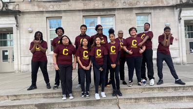 Columbus South High School freshmen ambassadors and greeters at a Central State University recruitment event wear CSU Maroon and Gold gear