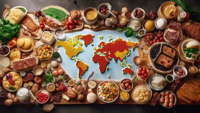 a world map with international cuisine surrounding it