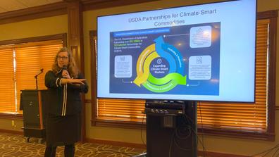 Cindy Folck, Ph.D., interim associate Extension administrator, presents at the 2023 Climate Smart: Farming with Weather Extremes conference in Plain City