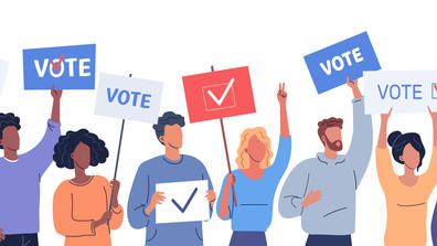 an illustration of people holding voting signs