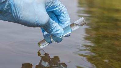 Sample water from the river for analysis. Hand in glove holding test tube