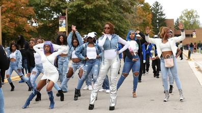 historically black college and university H.B.C.U. students dance during the homecoming parade at central state university
