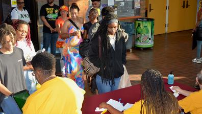 new first-time freshmen and transfer students line up for information at a SOAR event at central state university