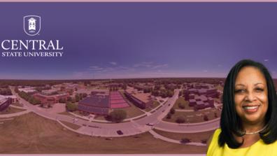 doctor arletha mcswain headshot over a 360 view of the central state university campus