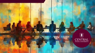 Abstract and colorful painting of diverse executives collaborating in a modern boardroom during a strategic business meeting