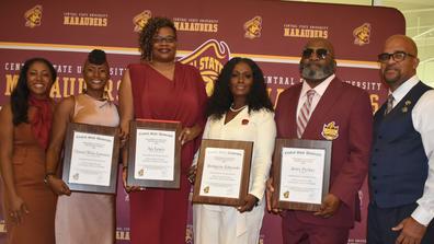 central state university athletics hall of fame inductees Chantel White-Lawrence, aja lewis, jerry parker and bridgette edwards with university representatives