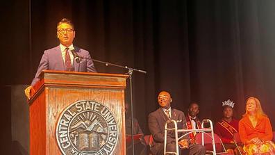 Cincinnati Mayor Aftab Pureval at the podium at central state university