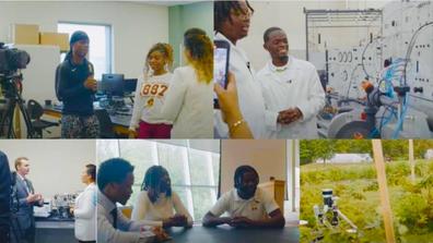 collage of student researchers during visit by erin lynch host of television program WeHBSeeU TV