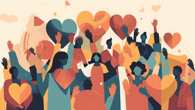 community service illustration concept with abstract diverse persons hands and hearts