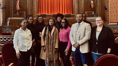 professor brittany brake with political science students at the ohio supreme court