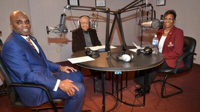 central state university president morakinyo a.o. kuti charles fox of jazzy 88.9 and board of trustees chair jacqueline gamblin in a radio interview