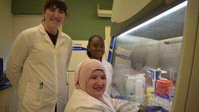 lubna f. abu-niaaj with student researchers melody arnett and monishka major