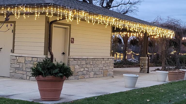 christmas lights decorate a building in the garden