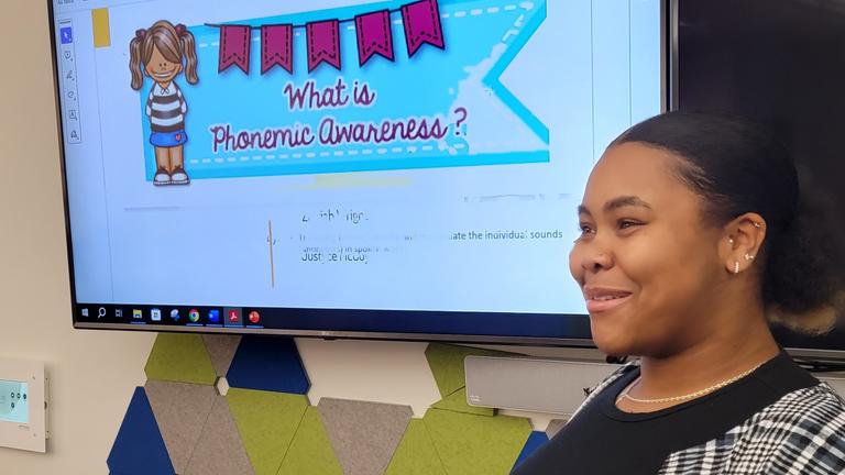 Central State University Preservice Teacher candidate Jahari Hannah introduces research on the importance of phonemic awareness, hearing sounds in language, as a foundational skill for teaching students to read