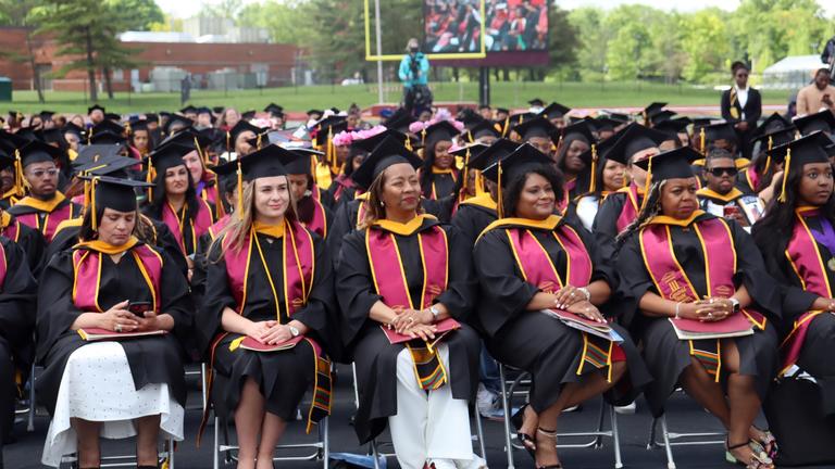 central state university class of 2024 graduates on the football field at william patrick mcpherson memorial stadium in wilberforce ohio