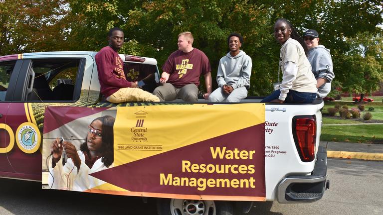 water resources management majors in a truck bed