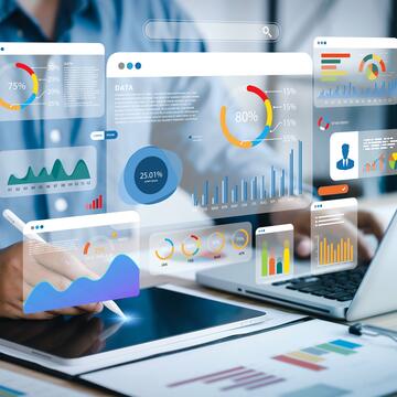 An analyst uses a computer and dashboard for data business analysis and Data Management System with KPI and metrics