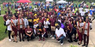 A large group of students, alumni, faculty, and staff from Central State University at Island MetroPark in Dayton, Ohio, for the African American Wellness Walk presented by Premier Health