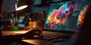 Graphic design artist with colorful cloud-like image on a computer in a dark room