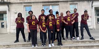 Columbus South High School freshmen ambassadors and greeters at a Central State University recruitment event wear CSU Maroon and Gold gear