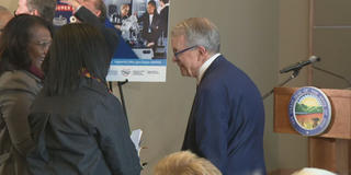 Gov. Mike Dewine at the Super Rapids press conference At Central State University on Dec. 19, 2023.