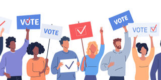 an illustration of people holding voting signs