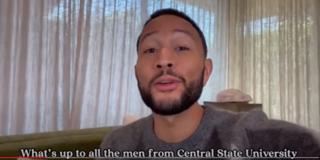 a screenshot from a video of John Legend announcing he will join central state university's 100 men in suits event virtually