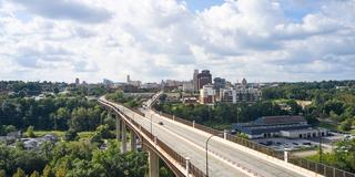 Akron Ohio All American bridge leading into Akron on a sunny summer day