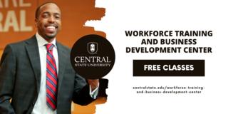 graphic with a Black professional in a suit the central state university logo and workforce training and business development center free classes