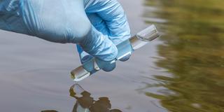 Sample water from the river for analysis. Hand in glove holding test tube