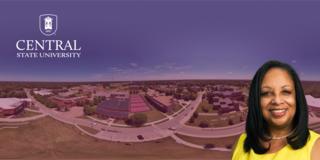 doctor arletha mcswain headshot over a 360 view of the central state university campus