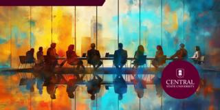 Abstract and colorful painting of diverse executives collaborating in a modern boardroom during a strategic business meeting