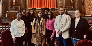 professor brittany brake with political science students at the ohio supreme court