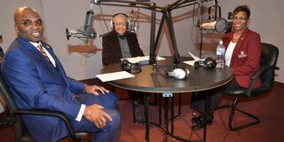 central state university president morakinyo a.o. kuti charles fox of jazzy 88.9 and board of trustees chair jacqueline gamblin in a radio interview