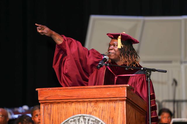 Willie Round points to the sky at the 136th Charter Day Convocation at his alma mater, Central State University