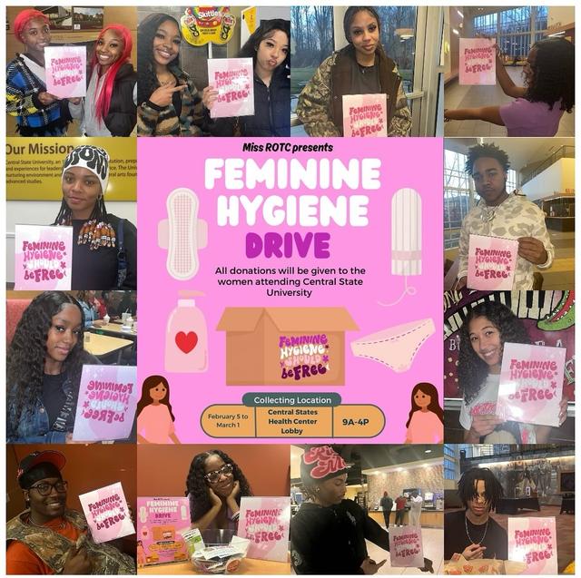 a collage of central state university students holding feminine hygiene should be free signs