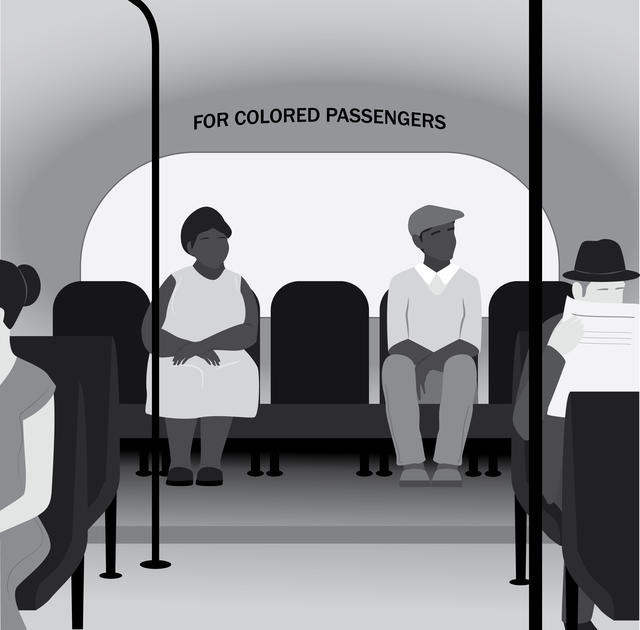 Racism in the 20th century illustration. Black people sit in the back of the bus in segregation