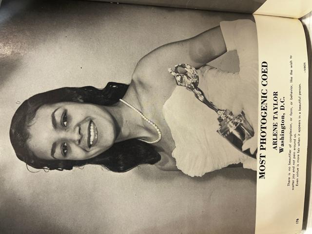 black and white photo of a young african american woman named as miss photogenic coed in a college yearbook