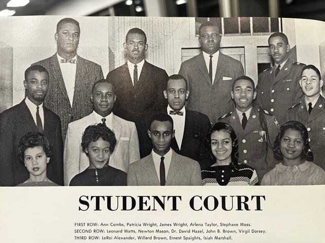 group black and white photo of a student court at central state university in the 1960s