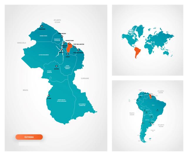 three maps showing guyana with one showing a world map and another showing the south american contintent