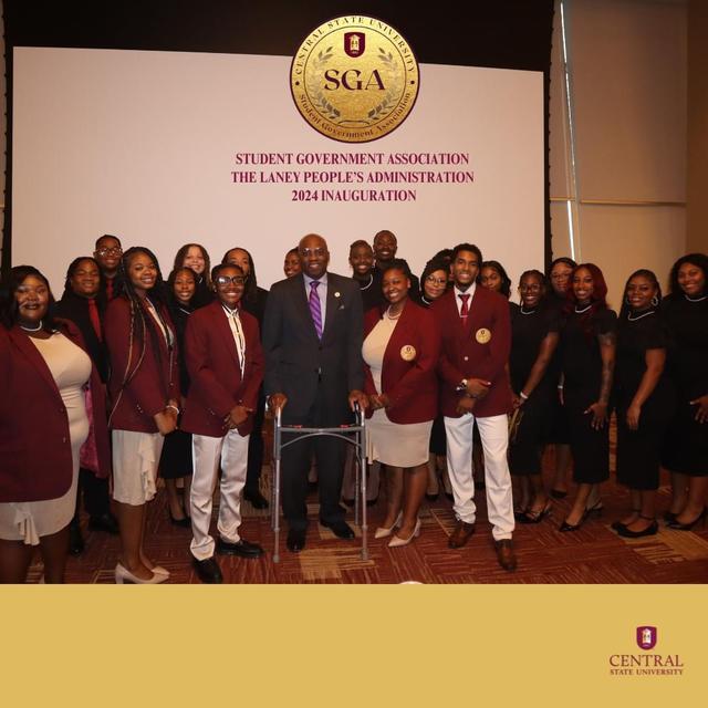 the student government association poses with central state university president kuti