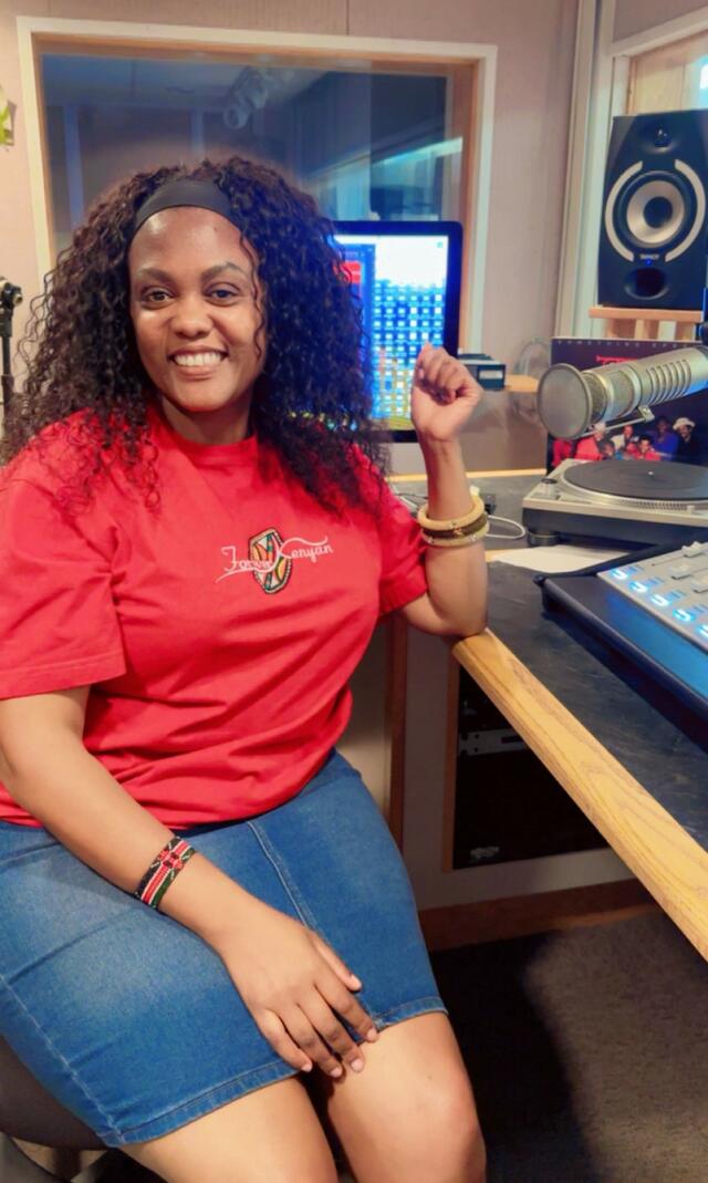 a young kenyan woman on air at the central state university public radio station