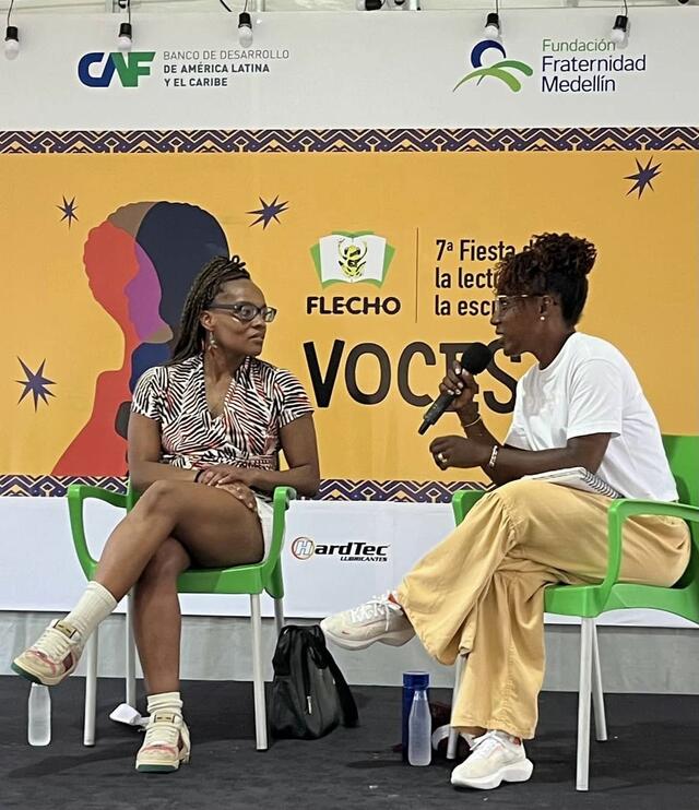 Dr. Tiffanie Clark and Dr. Arleyda Palacios English professor at UTCH share the stage at the Festival del libro (The Book Festival) of Chocó Colombia to converse about language learning